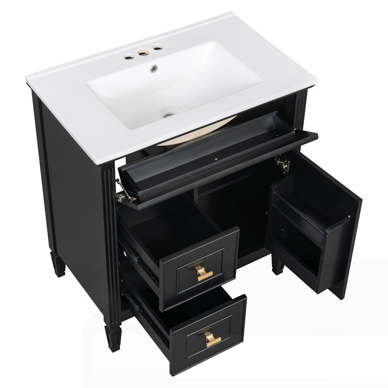 Meuble-lavabo 30 po avec lavabo, un tiroir rabattable et deux tiroirs, Noir