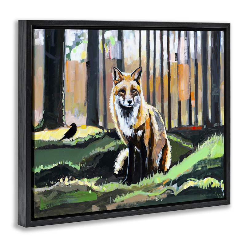 «Fox in Forest Trees», art mural encadré flottant par Adam Swanson, H 17 po x l 21 po, Cadre flottant noir de jais