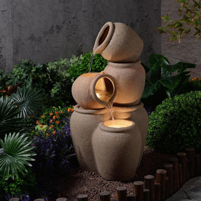 29.53"H Eco-Friendly Outdoor Water Fountain - Recyclable Polyethylene Cascading Waterfall With LED & Pump