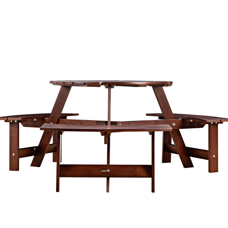 Brown Picnic Table With 3 Benches For 6 People - Umbrella Hole Outdoor Use Built-In Person Weather Patio, Brown