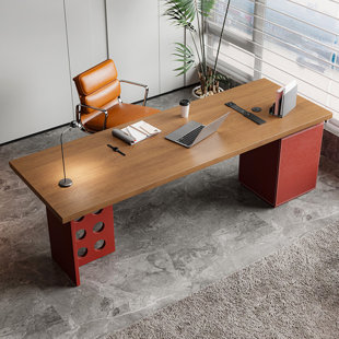 62.99"Modern Minimalist Solid Pine Desk, Saddle Leather Wrapped Large Slab Computer Desk with Built-in Outlets