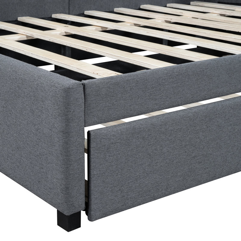 Full Size Upholstered Daybed With Trundle In Gray Linen, No Box Spring Needed For Use And Space Saving Firm Bed Construction, Compact Areas