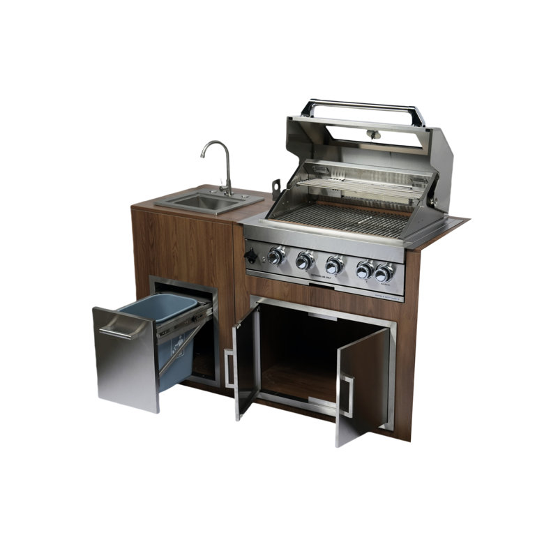 Four encastré en acier inoxydable de 32 po avec quatre brûleurs coulés en acier inoxydable de 32 po, brûleur arrière infrarouge, grilles de cuisson de 8 mm, porte double, tiroir, évier, lumières halogènes, plateau à graisse, poubelle, tiroir amovible