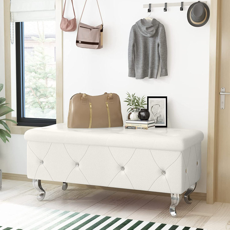 Voxto 37.4" Wide Faux Leather Tufted Rectangle Storage Ottoman, White Faux Leather