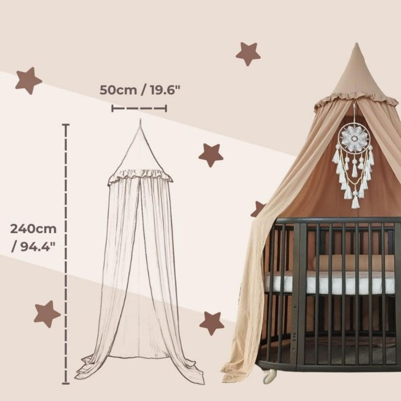 Kids Bed Canopy with Ruffles, Pastel Neutral Color, Frilled Cotton Tent (Nougat)