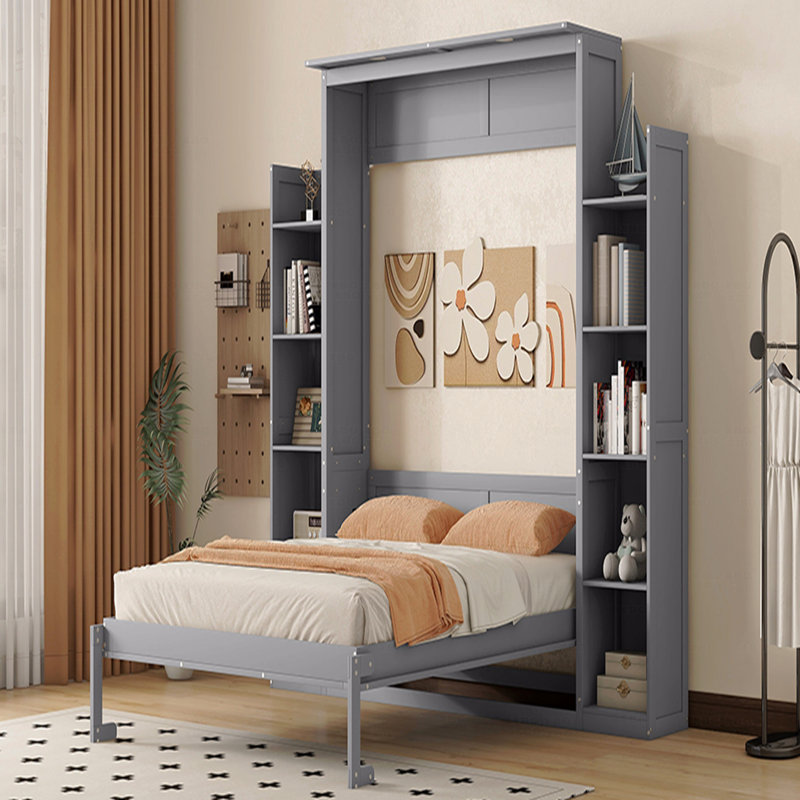 Grand lit escamotable pliant grand format, lit escamotable avec tablettes et lumières DEL, Gris