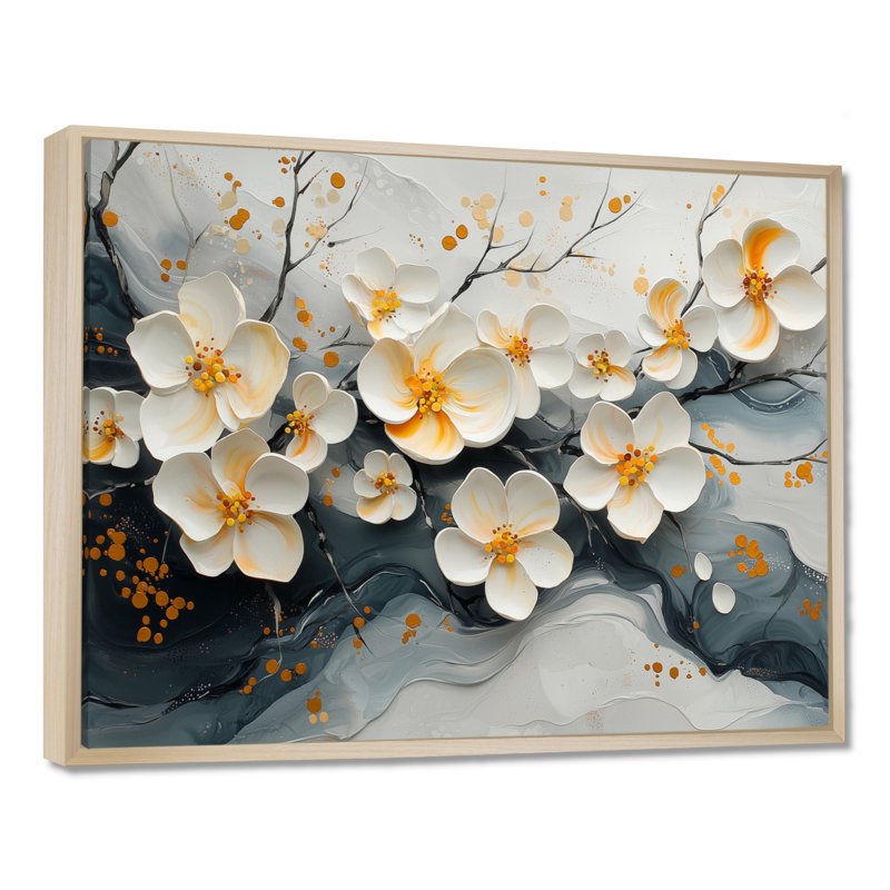 Velours noir fleurs de cerisier II - art mural fleur de cerisier, H 12 po x l 20 po, Cadre flottant, Crème, crème