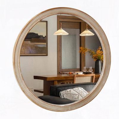 Round Wall Mirror with Woven Rattan-Textured Frame – 23.62", Rustic Modern