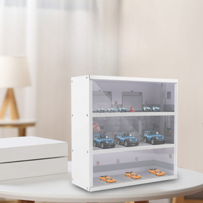 White Simulation Parking Garage Model Display Case, High-Density PVC 3 Layer Tabletop Car Model Storage Cabinet with USB LED Lighting, Dust Protection Collectible Display Rack for 1:64 Scale Toy Cars