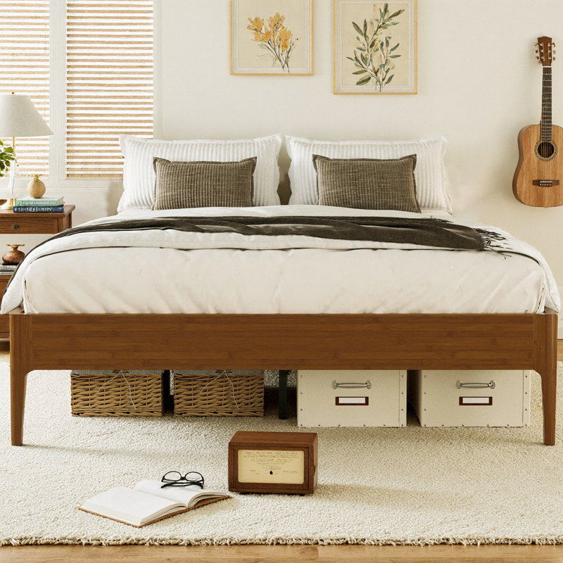 15 Inch High Solid Bamboo Platform Bed Frame with Metal Support, Modern Minimalist Wood Slat Base, No Box Spring Needed, Noise-Free, Easy Assembly