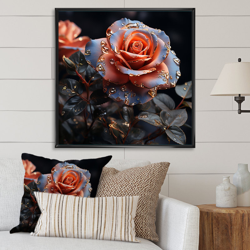 Or et rose bleue passion sur toile, Cadre flottant noir, H 36 po x l 36 po x P 1,5 po