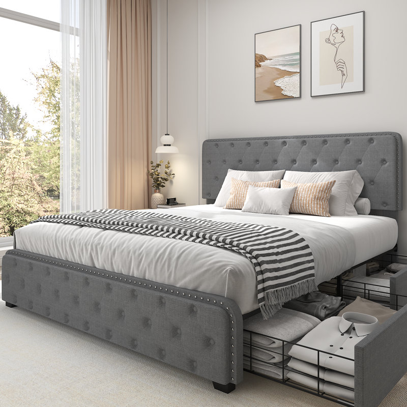 Grand lit avec rangement, Gris clair