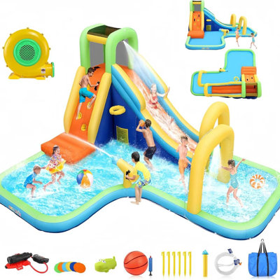 Inflatable Water Slide Park 8-in-1 w/Water Cannons | Long Slide | Arch | Splash Pool | Climbing Wall | Basketball Hoop With Blower