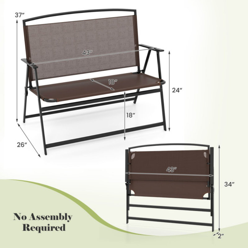Brown Metal Foldable 2-Person Outdoor Garden Bench with Backrest and Armrests
