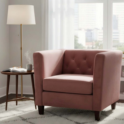 Chaise d'appoint moderne en velours capitonné à boutons avec accoudoirs carrés et pieds fuselés en bois