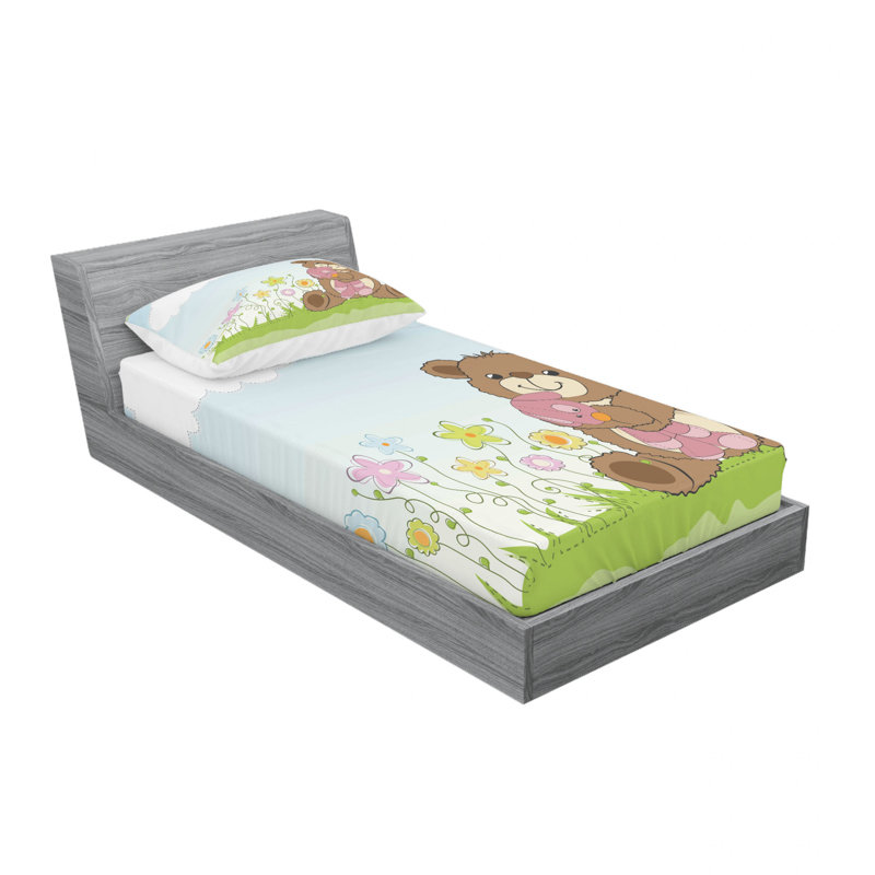 Ensemble de draps Coon Teddy BearToy in Meadow, Ensemble de draps pour lit simple avec drap-housse