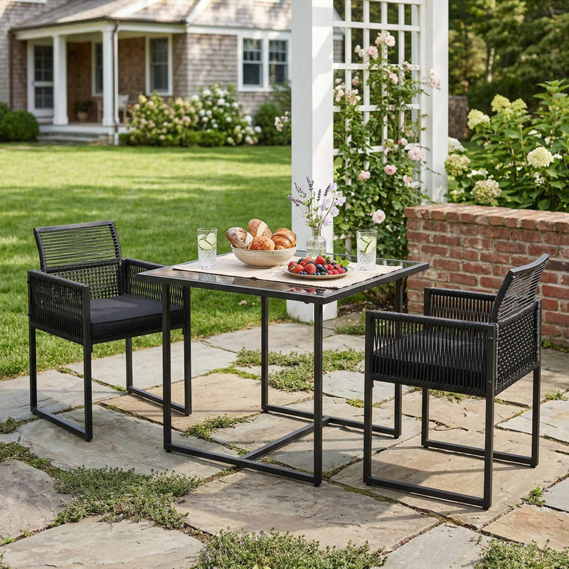3-Piece All-Weather Outdoor Dining Set, Foldable Backrest Chairs With Removable Washable Soft Seat Cushions & Stable Matching Table, Suitable For Patio, Backyard, Deck, Porch, Poolside, Garden