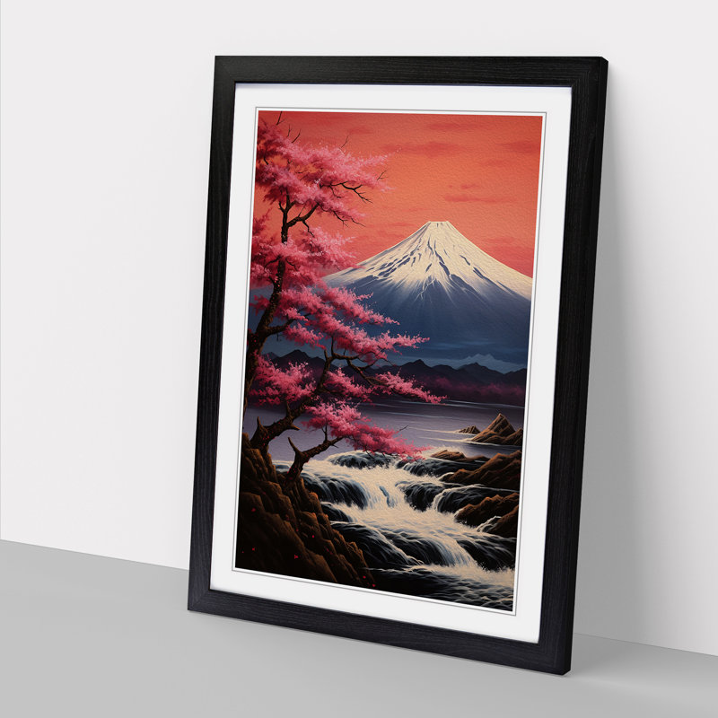 Mount Fuji Romanticism - Single Picture Frame Print on Wood, 46cm H x 34cm W x 2cm D, Black Framed