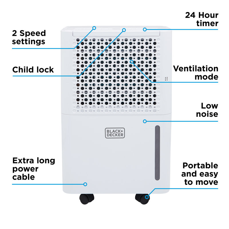 BLACK+DECKER 12L Smart Dehumidifier and Ionizer, 4 Modes, 2.1L Water Tank, White