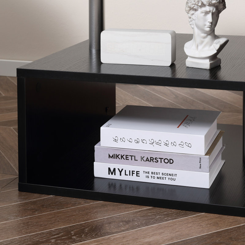 20" Modern End Table, Accent S-Shaped Coffee Table with Storage Shelf and Steel Poles, Black, Black