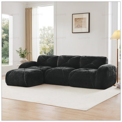 L-Shaped Soft Velvet Fabric Boneless Sofa With Tufted Design And Movable Ottoman For Ultimate Comfort And Versatility