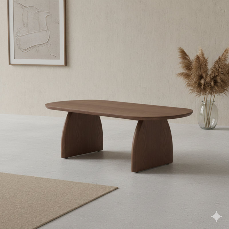 Table basse ovale de 47,24 po avec un placage en bois massif, dans un style Mid-Century moderne. Une table à thé centrale ou d'appoint de couleur noyer pour salon, appartement, petit espace ou bureau, facile à assembler.