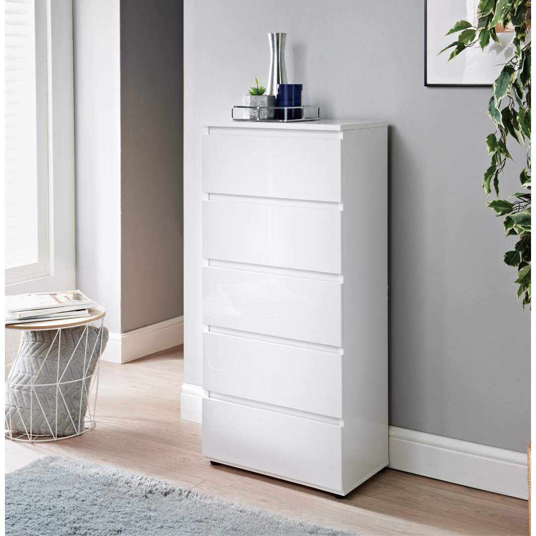 Atilano 5 Drawer 48Cm W White Chest of Drawers Bedroom Modern Slim Side Storage Display Cabinets Furniture