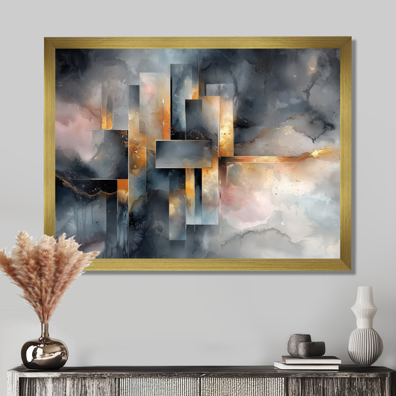 «Burnley Geometric Ink Pulse I - Constructivism», art mural, H 30 po x l 40 po, Cadre simple, Doré