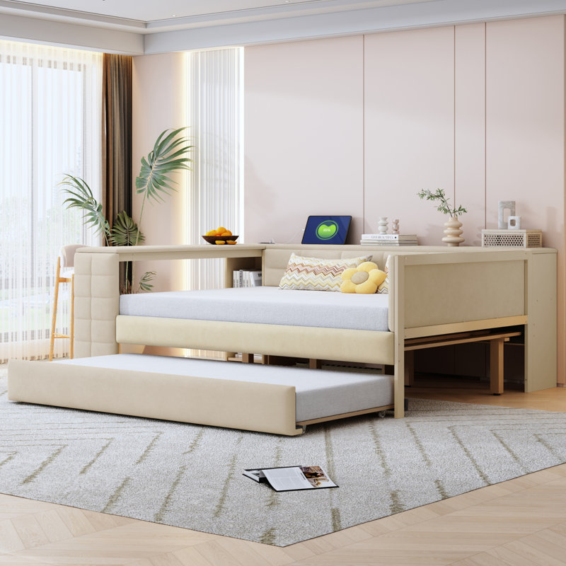 Upholstered Daybed With Charging Station And Trundle, Beige
