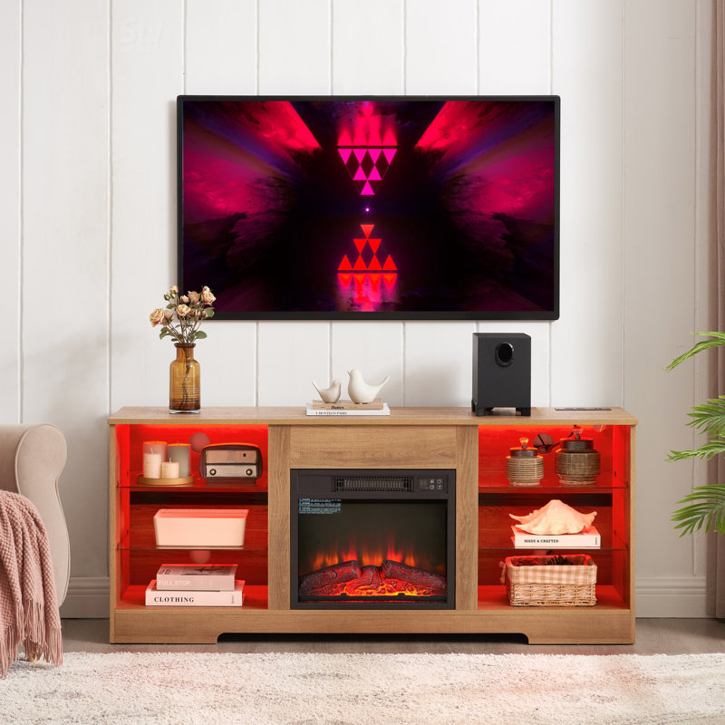 TV Stand Electric Fireplace TV Stand With Glass Shelves, 3D Fireplace TV Stand With LED Lights Wood With USB Charging Outlet Modern Television Table Center For TV Up To 32-62" OAK 58'W*15.4''D*24.4