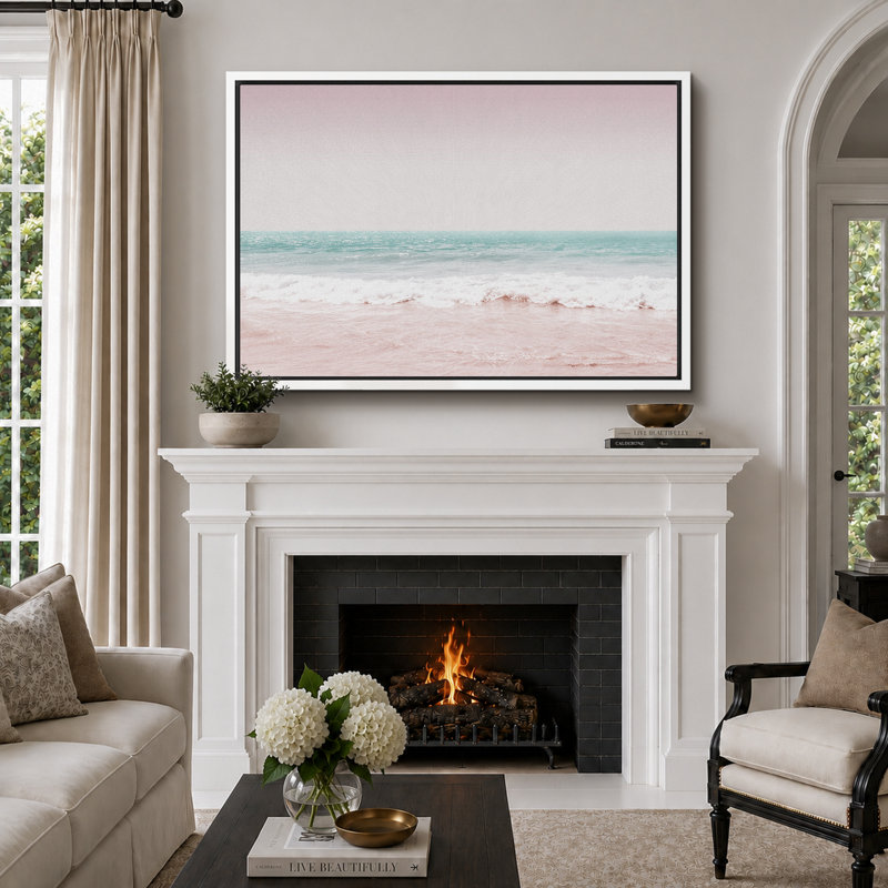 Plage côtière, rose, bleu sarcelle, vagues de l'océan, nature, paysage, illustrations, moderne, rustique, H 24 po x l 36 po