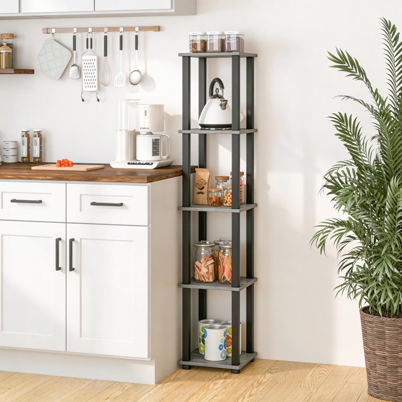 5-Tier 57.7" Corner Shelf, Open Shelves for Display and Storage, Gray/Black, (5 Shelves) 57.7"H x 11.6"W x 11.6"D
