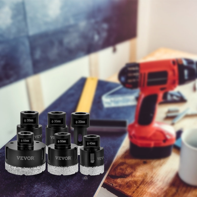 Diamond Drill Bits 6PCS Diamond Hole Saw 20/35/38/40/50/68mm Tile Hole Saw Kit Vacuum Brazed Diamond Drill Bit 0.59in/15mm Segment Tile Hole Saw w Storage Case for Tile Ceramic Porcelain Marble
