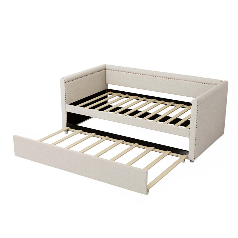 Lit de jour rembourré de style moderne avec lit gigogne pour chambre d'amis, petite chambre à coucher, salle d'étude, Beige