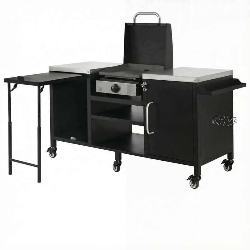 Large Grill Table For Big Green Egg, Outdoor Kitchen Island With Fold-Out Prep Table, Adjustable Shelves, And Spice Rack, Ideal For Outdoor Cooking And Entertaining.