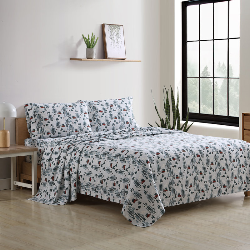 100% Cotton 200 Thread Count Flannel Sheet Set, Queen Sheet Set with 2 Pillowcases, Tree Farm