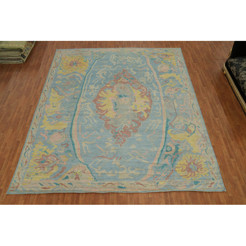 Tapis bleu fait à la main à teinture végétale Oushak 12 x 15