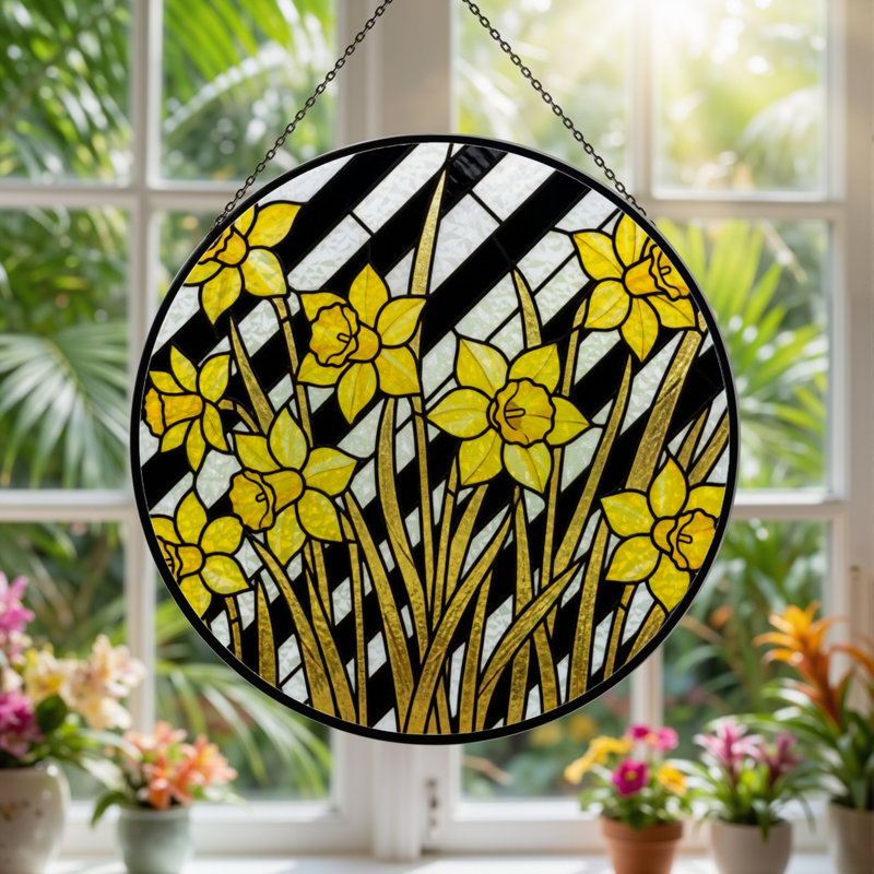 7.8"H Daffodil Pattern Stained Glass Window Panel, 7.8" H x 7.8" W