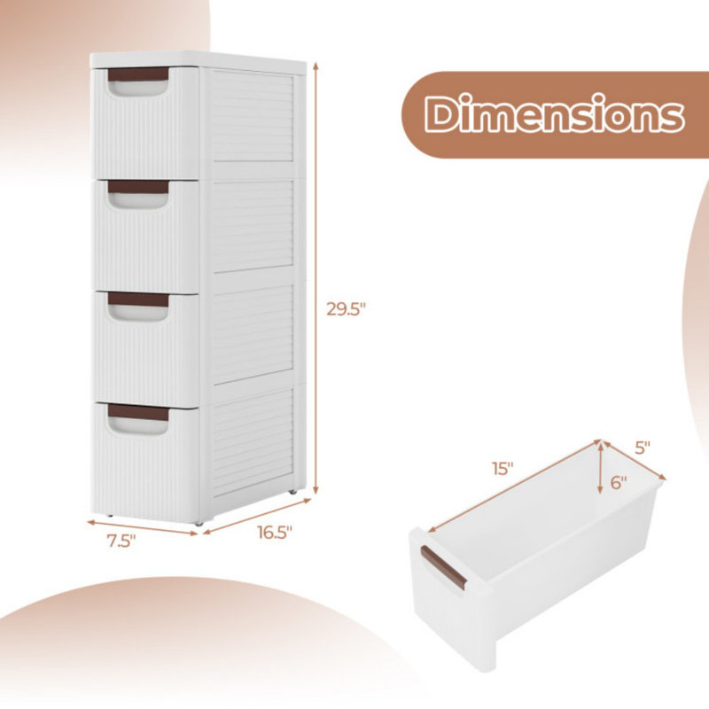 4-Drawer Rolling Organizer Unit Narrow Storage Cabinet with Built-In Wheels for Small Space
