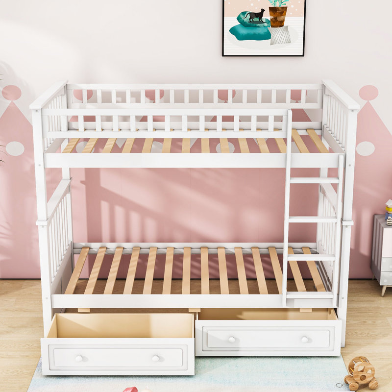Wren Wood Daybed Frame With Fence, Rustic Style, Solid Pine, Twin over Twin, White