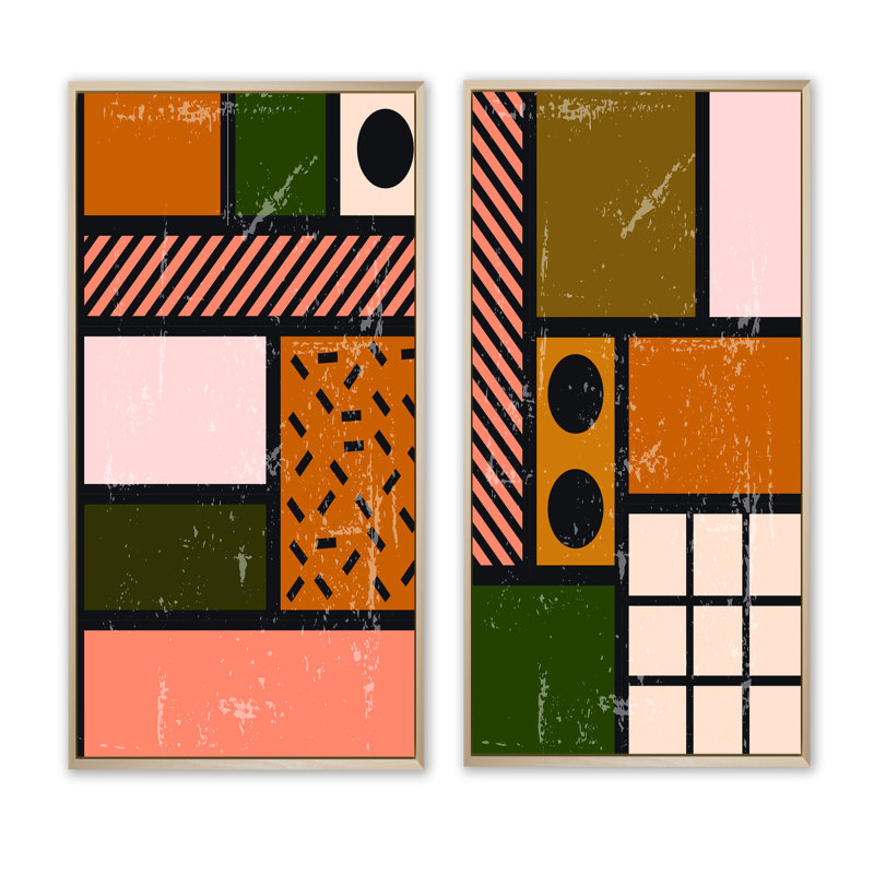 Minimal Abstract Shapes in Retro Colors IV - ensemble de 2 impressions, H 20 po x l 24 po x P 1 po, Toile avec cadre brun