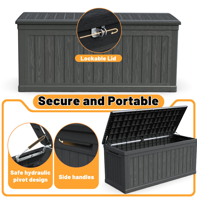 Black Outdoor 260 Gallon Deck Box With Double - Wall Technology, All Weather , Suitable For Patio Cushions And Can Serve As A Table Structure, Guard Resin, Ideal Gardening Tools An Extra Surface