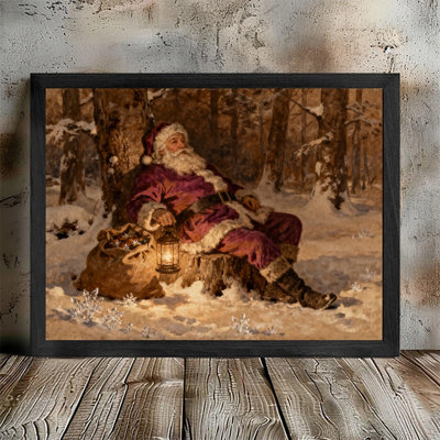 Black Framed Vintage Santa Claus Wall Art - Rustic Christmas Forest Scene Decor Framed Prints