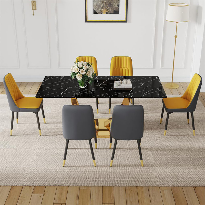 Ensemble de table de salle à manger noir pour 6 personnes, ensemble de table de salle à manger 71 "avec pieds chromés en forme de U, table de cuisine moderne et chaises, ensemble de 6 pour la salle à manger, structure très brillante et robuste