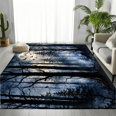 Tapis bleu foncé artistique artistique, motif de silhouette d'oiseau de lune, tapis antidérapant lavable à la machine, décoration intérieure artistique pour salon, chambre à coucher, entrée, cuisine, appartement