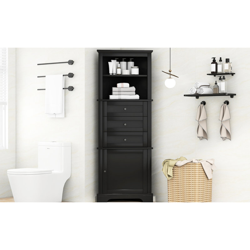 Armoire noire triangulaire pour la vie quotidienne - 3 tiroirs, tablettes réglables, rangement en métal et poignées en métal