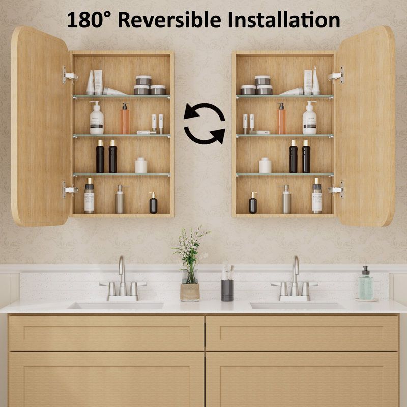 16" W X 24" H Modern Farmhouse Round Corner Wood Medicine Cabinet with High-Definition Mirror, Adjustable Glass Shelves, Reversible Soft-Close Door, Fully Assembled, Surface or Recessed Mount for Makeup, Shaving or Bathroom Vanity Storage