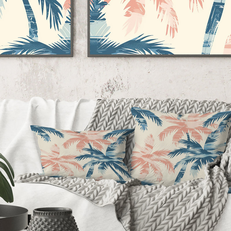 Coussin rose et bleu, H 16 po x l 16 po