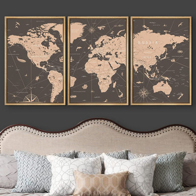 «World Map Sepia Global Country», ensemble de 3 reproductions sur toile