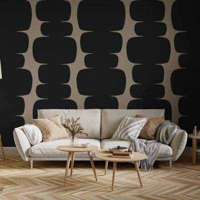 Papier peint géométrique abstrait noir et beige avec motif de blocs organiques empilés